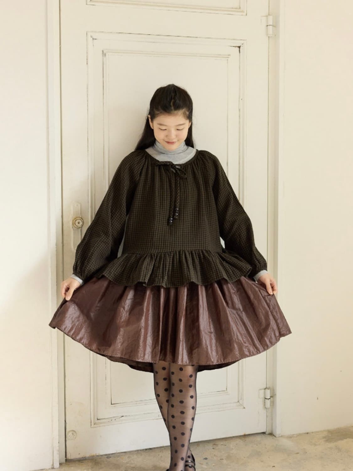 콜로신스 체크 블라우스 그린 상품이미지1