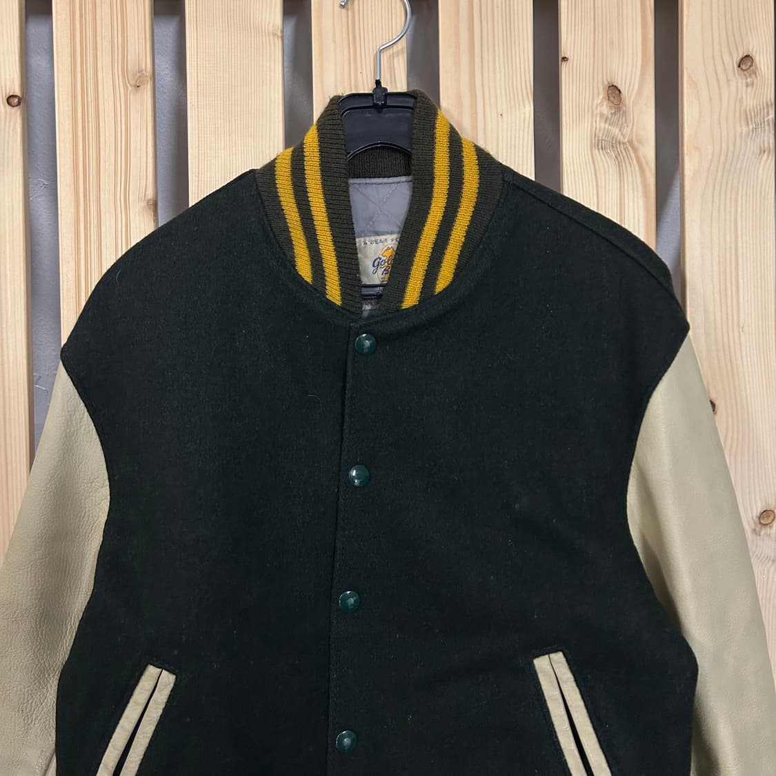 (S) USA 골든베어 딥그린 레더 배색 가죽 바시티 자켓  상품이미지3