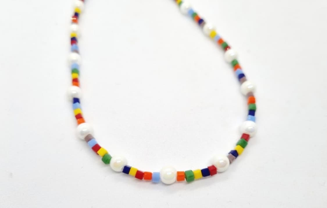 핸드메이드 .새제품) 레인보우 비즈 & 아크릴진주 목걸이 상품이미지4