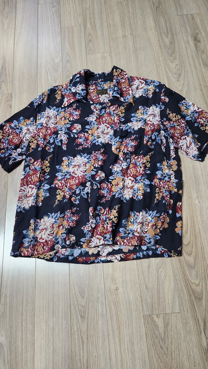 캐피탈 실크 레이온 샴페인 마리아 패턴 랭글 칼라 알로하 셔츠 블랙 상품이미지3