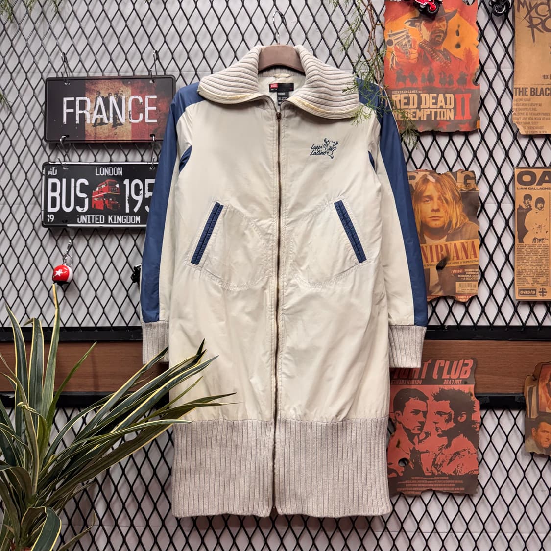 디젤 롱 파카 집업 자켓 니트 시보리 디테일 아이보리 블루 배색 상품이미지1