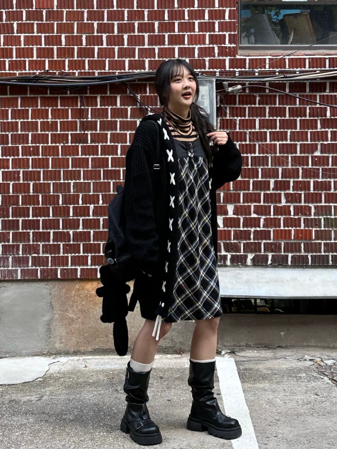 체크 원피스 롱 가디건 스트라이프 목폴라 코디세트 상품이미지1