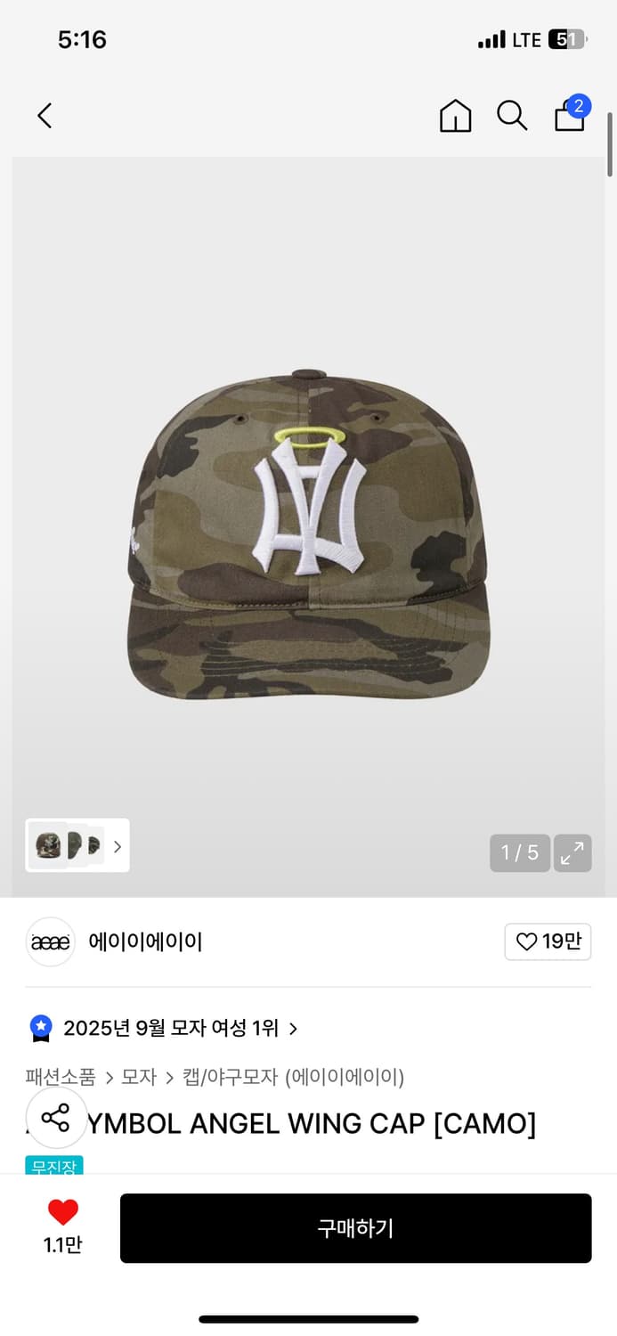 Aeae AE SYMBOL ANGEL WING CAP [CAMO] 상품이미지1