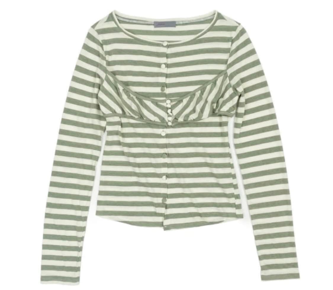 샵페어리 스트라이프 버튼 가디건 카키 상품이미지1