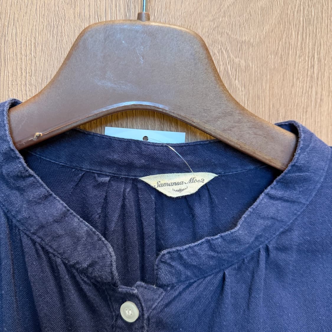 빈티지 헨리넥 코튼 미디 원피스 허리 드로우 스트링 디테일 루즈핏 네이비 상품이미지5