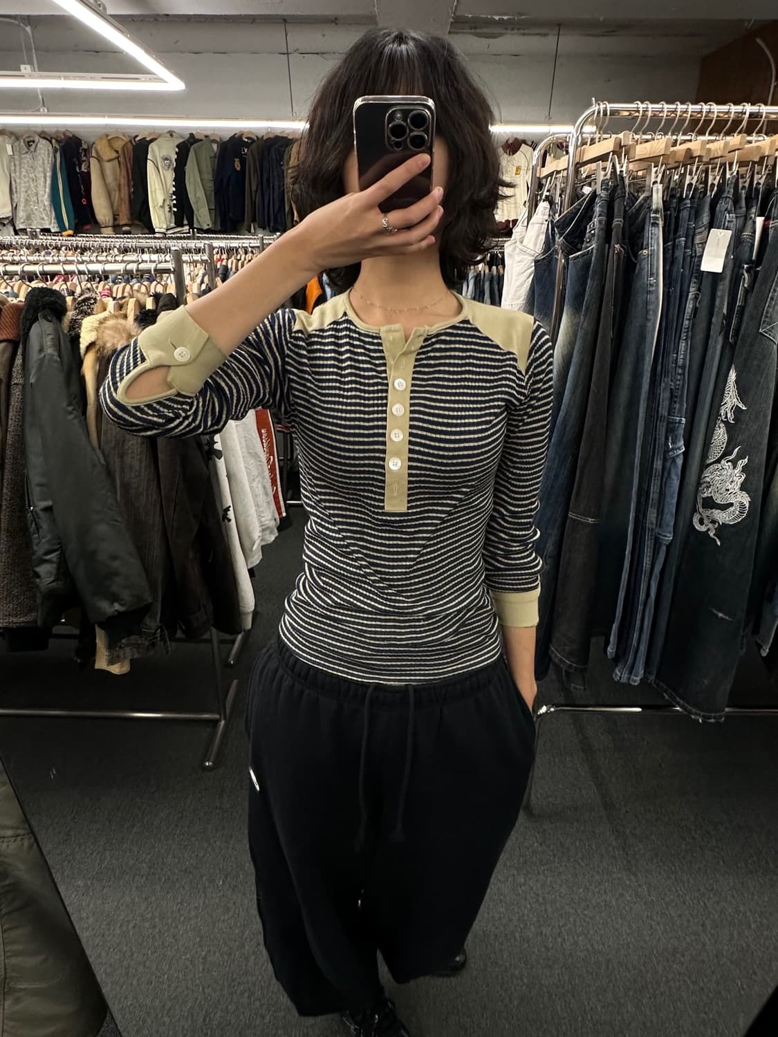 OS)일본 빈티지 스트라이프 헨리넥 롱슬리브 상품이미지1