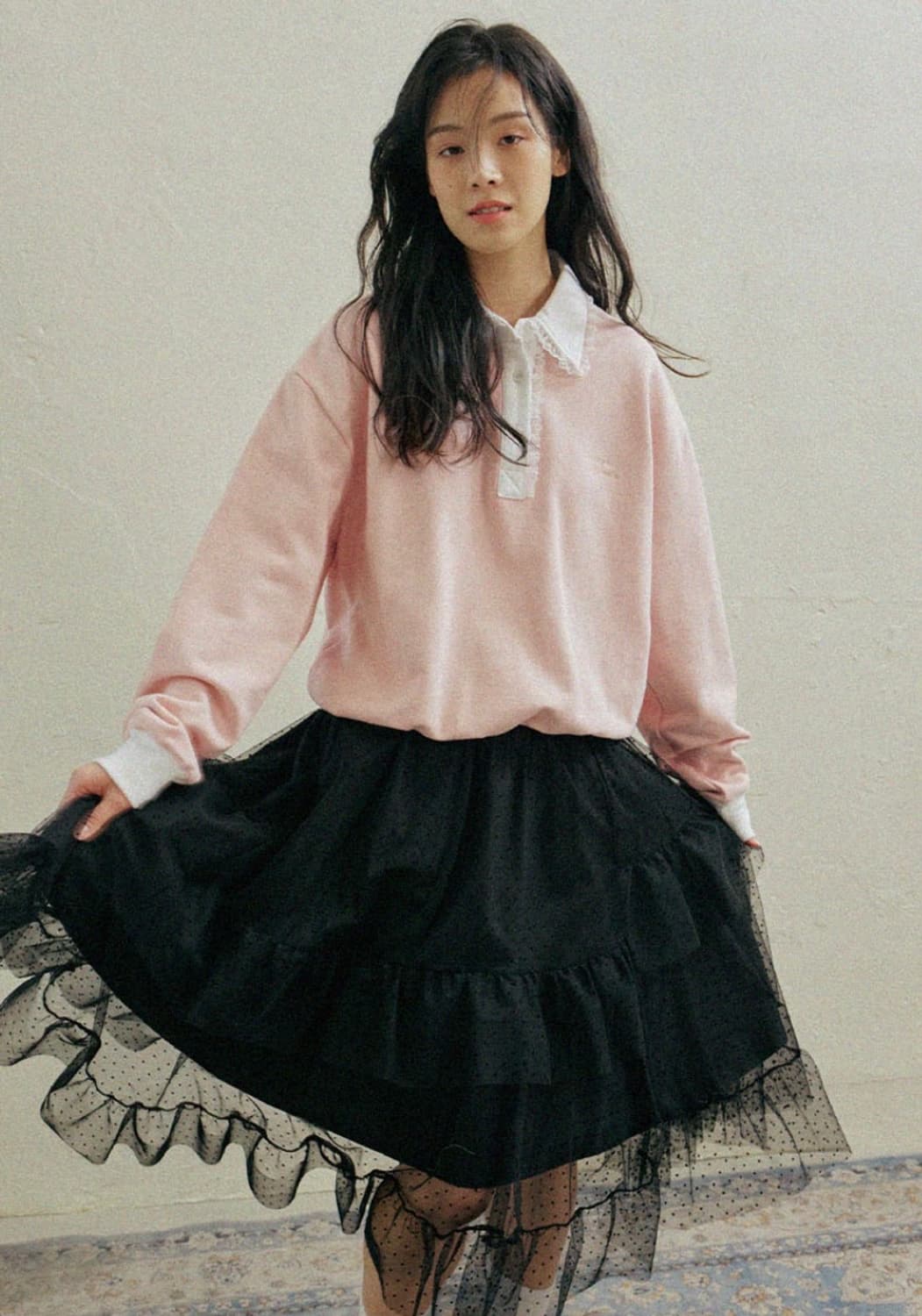 호쿠스포쿠스 샤 도트 프릴 레이스 셔링 롱 티어드 스커트 치마 상품이미지2