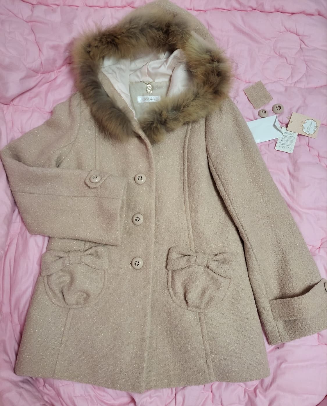 급처새상품!LD prime 핑크 리본포켓 트위드퍼후드코트자켓 리즈리사st 상품이미지1