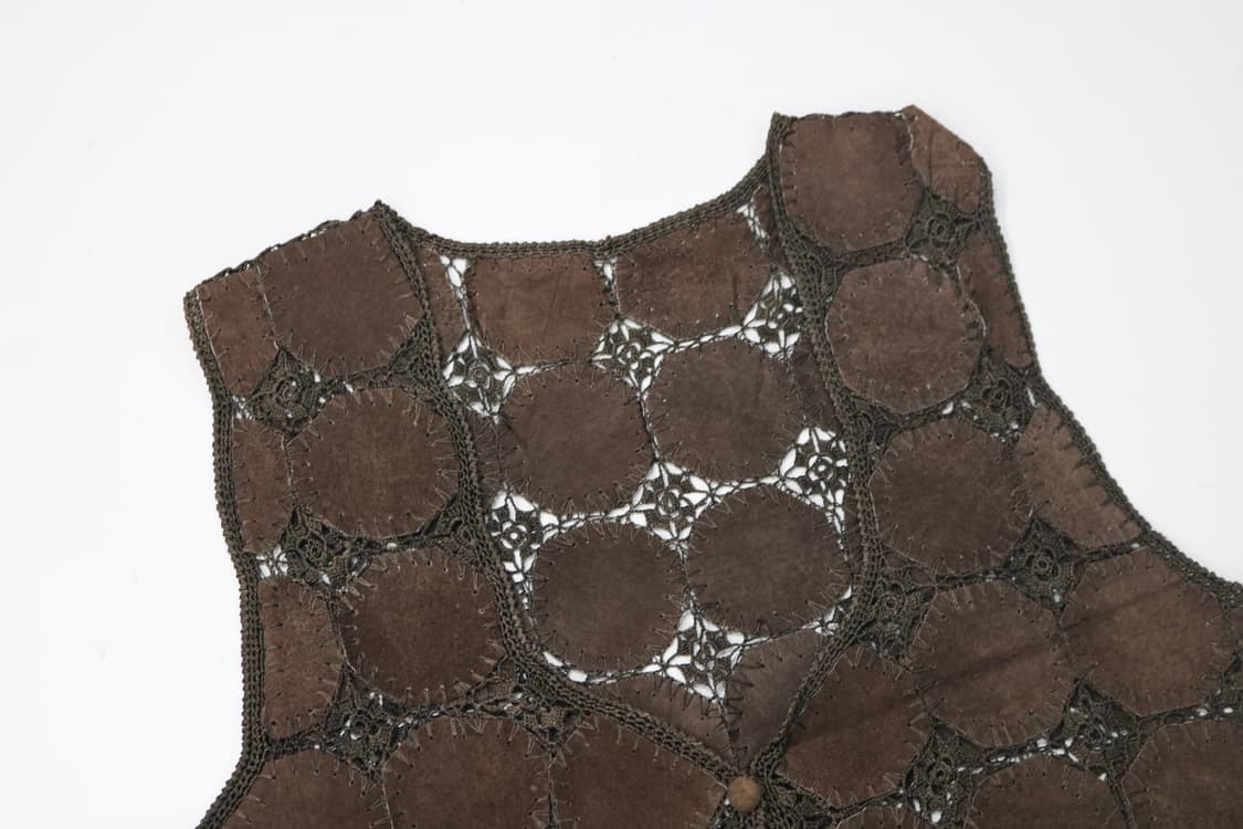 Caldcattle 빈티지 브라운 패치워크 리얼 레더 크로쉐 베스트 상품이미지5