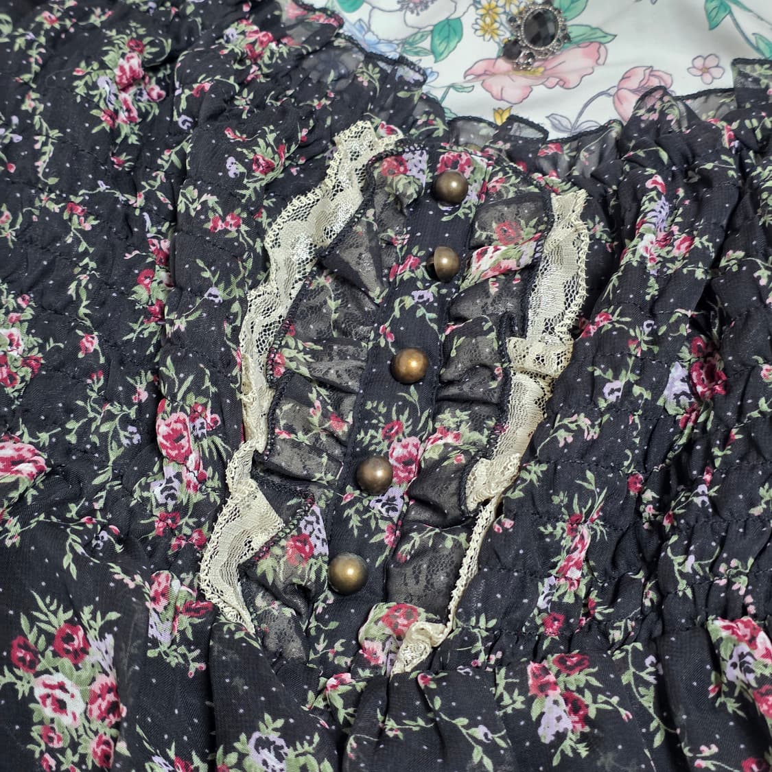 엑시즈팜 일본빈티지)블랙로즈 플로럴 고딕로리타 모리걸 레이스프릴 롱원피스 상품이미지3