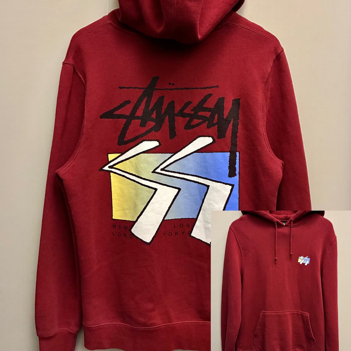 (S/97)Stussy 스투시 SS 큐브 백프린트 후드티셔츠 버건디 상품이미지1