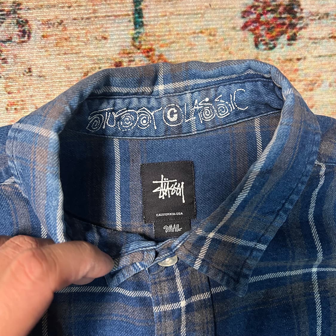 [M] 90s 스투시 자수로고 블루 플란넬 체크셔츠 상품이미지5
