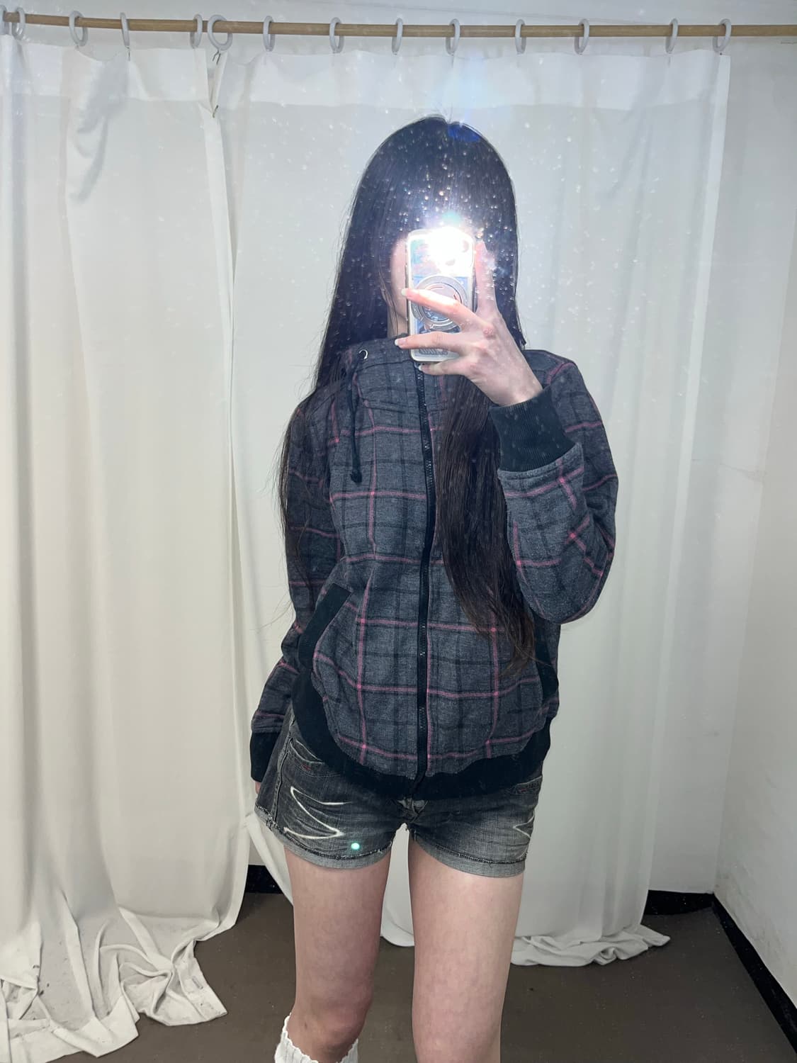 니혼진 핑크 체크 패턴 하이넥 후드집업 상품이미지3