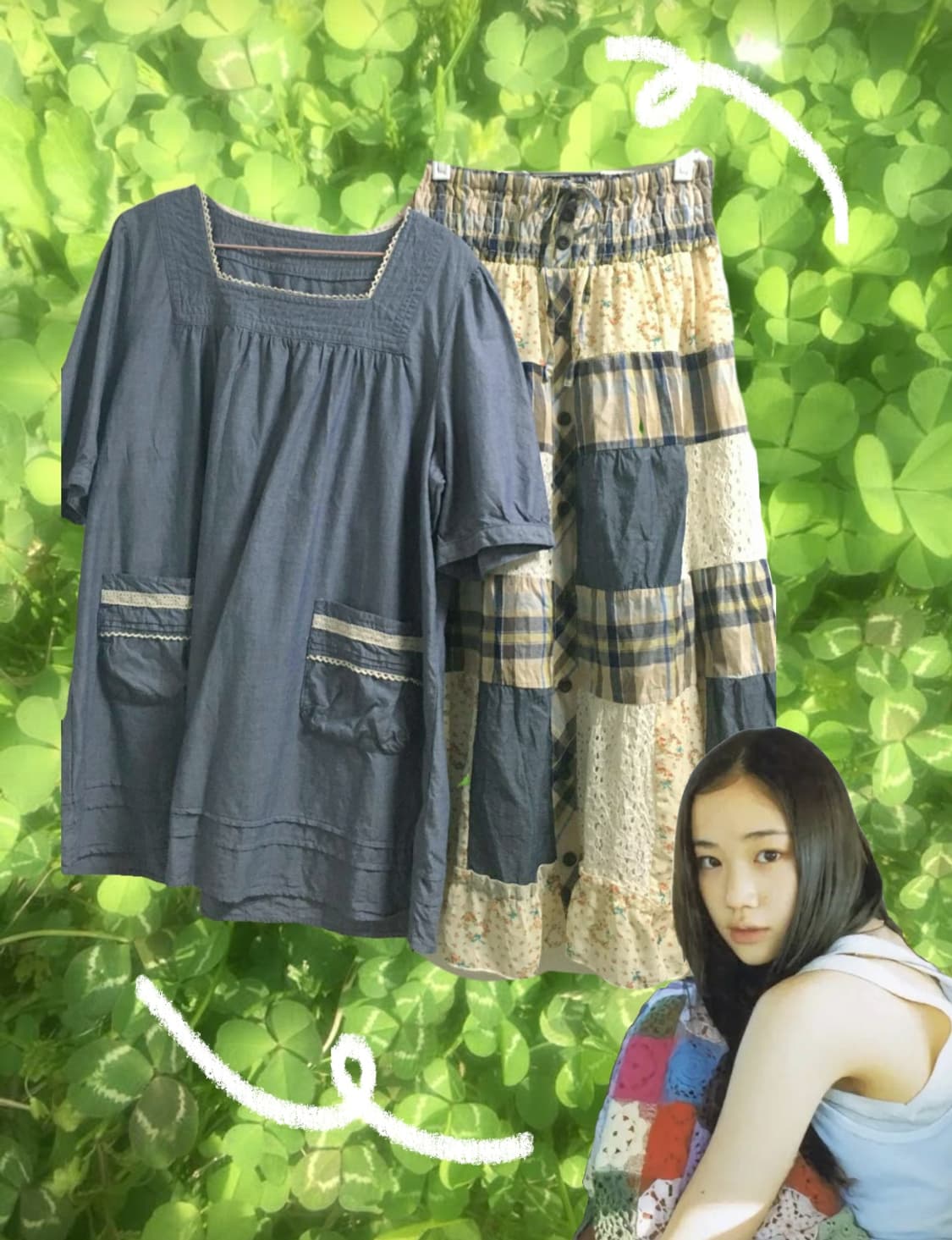 빈티지 하구미 모리걸 레이스 코디세트 스퀘어넥블라우스 패치워크스커트 상품이미지1