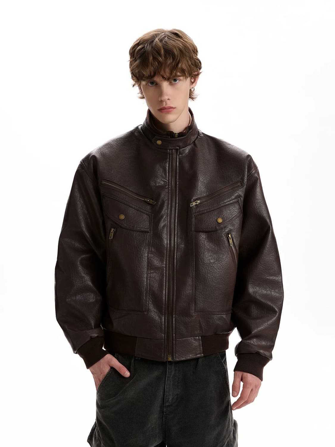 빈티지 레더 하이넥 집업 자켓 상품이미지3