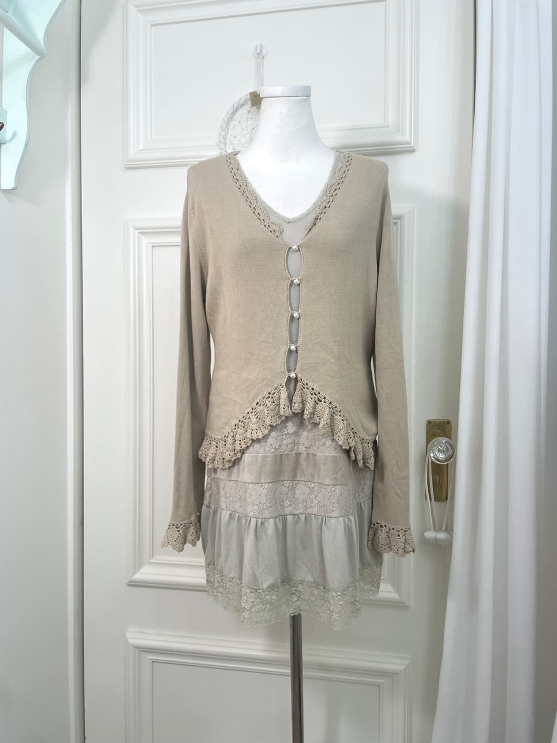 khaki crochet point pearl button cardiga 상품이미지1