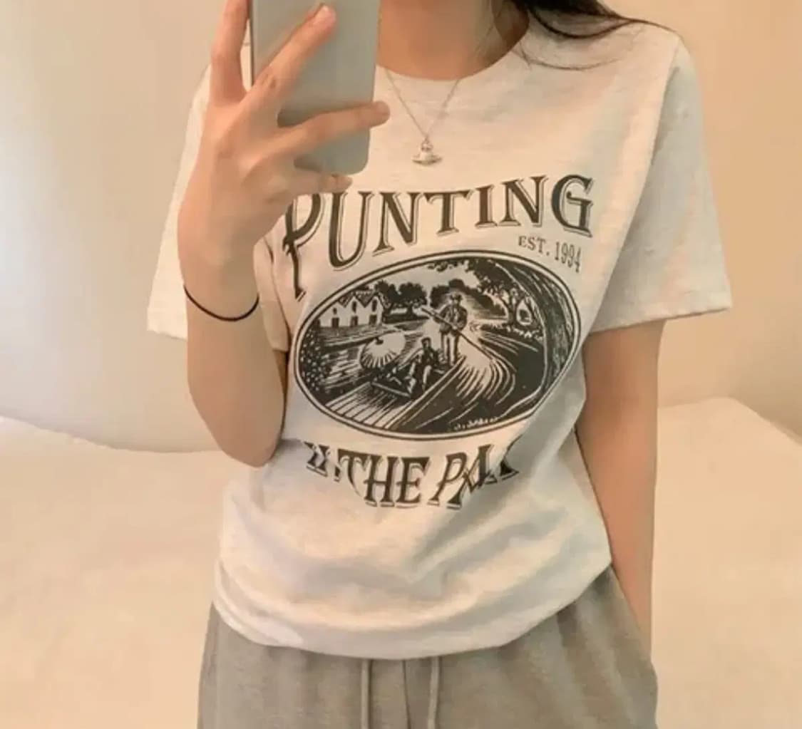 오트밀색 프린팅 반팔티 상품이미지1