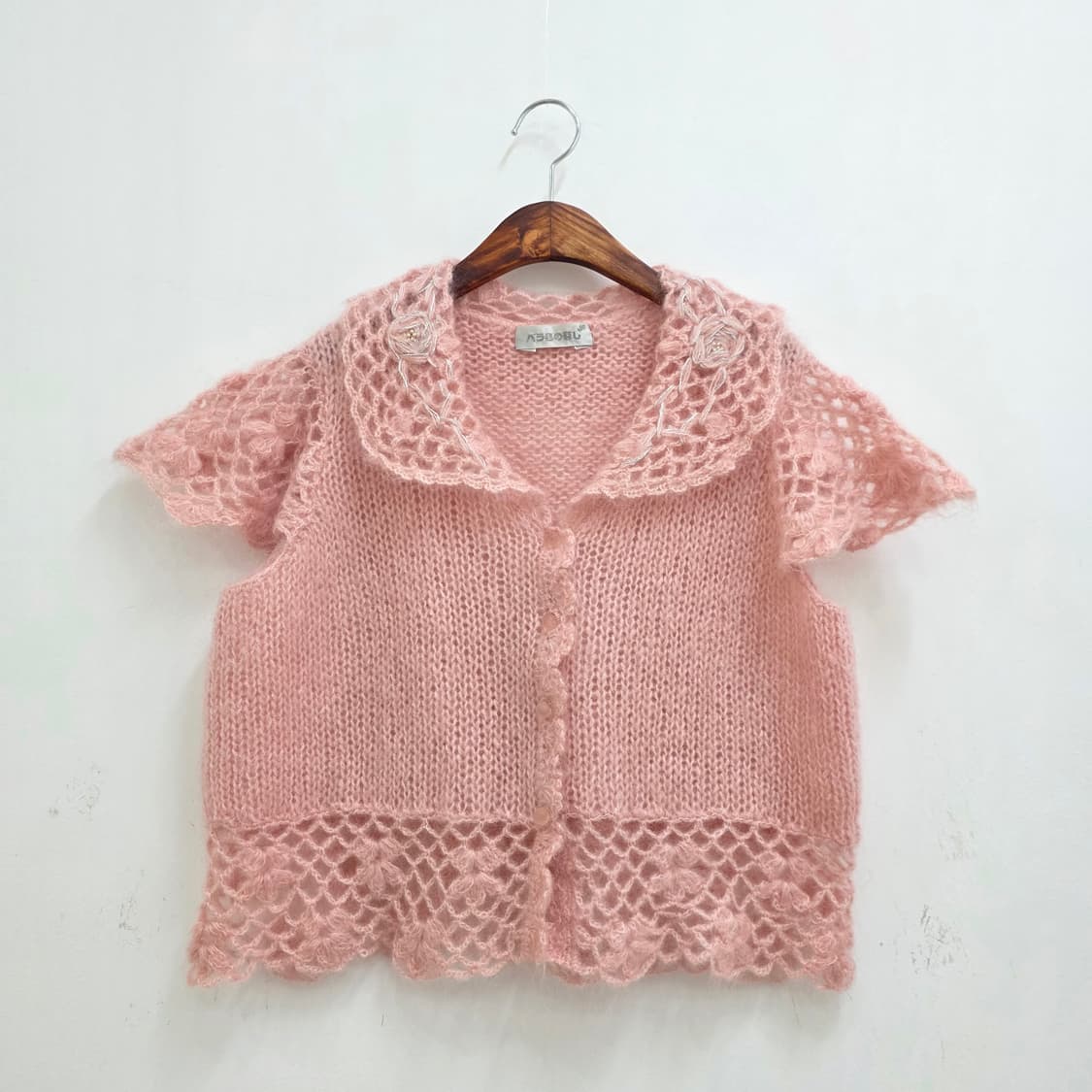 울 핑크 뜨개 크로셰 카라 캡소매 니트 가디건 상품이미지1