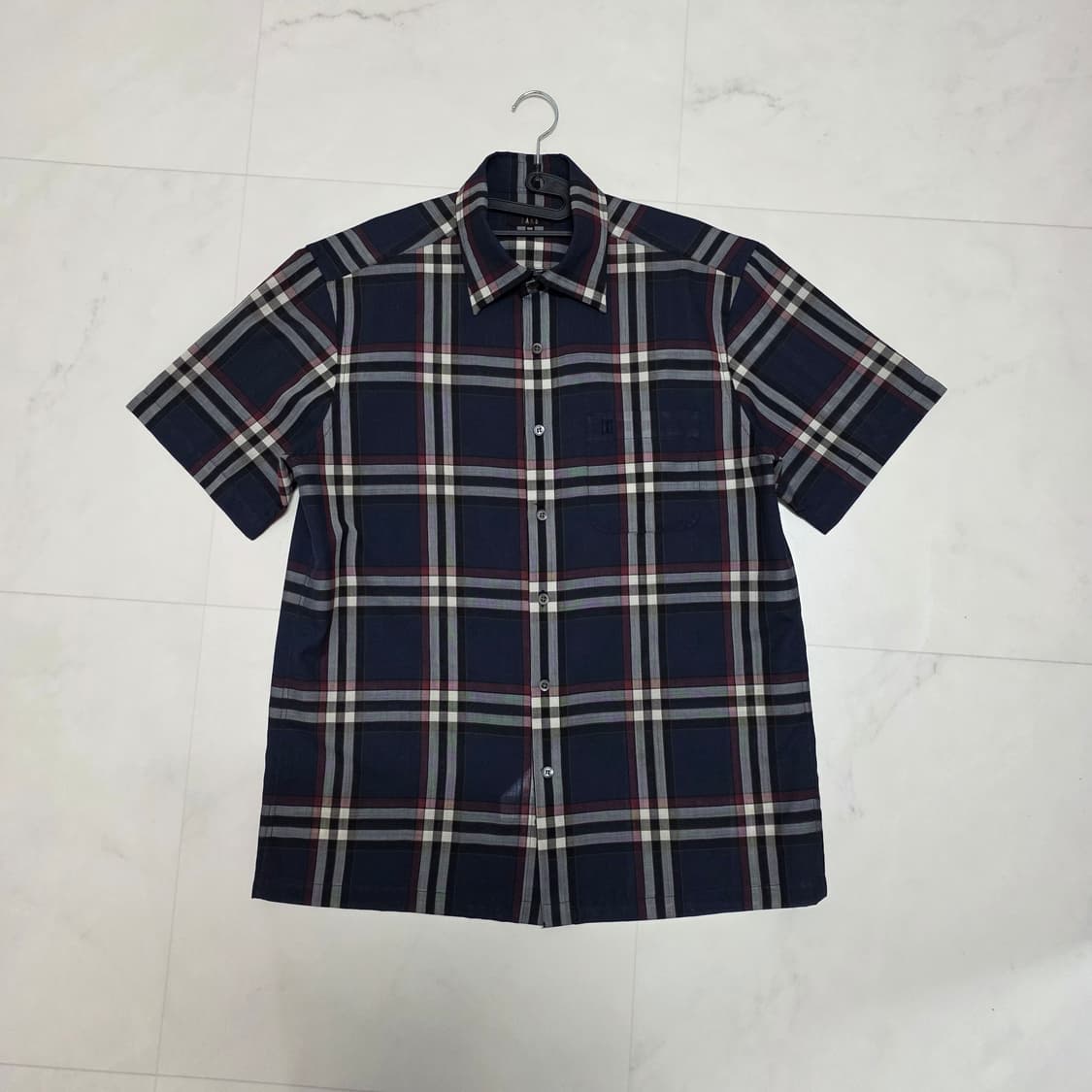100 닥스 네이비 체크 반팔셔츠 폴리 모 혼방 상품이미지2