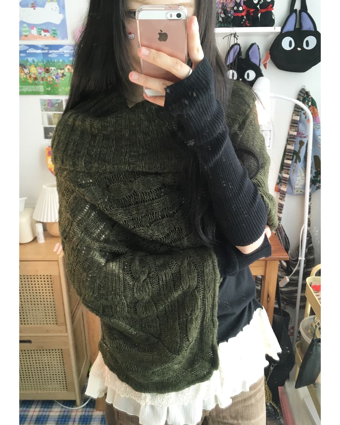 vintage cable knit turtleneck cape khaki 상품이미지5