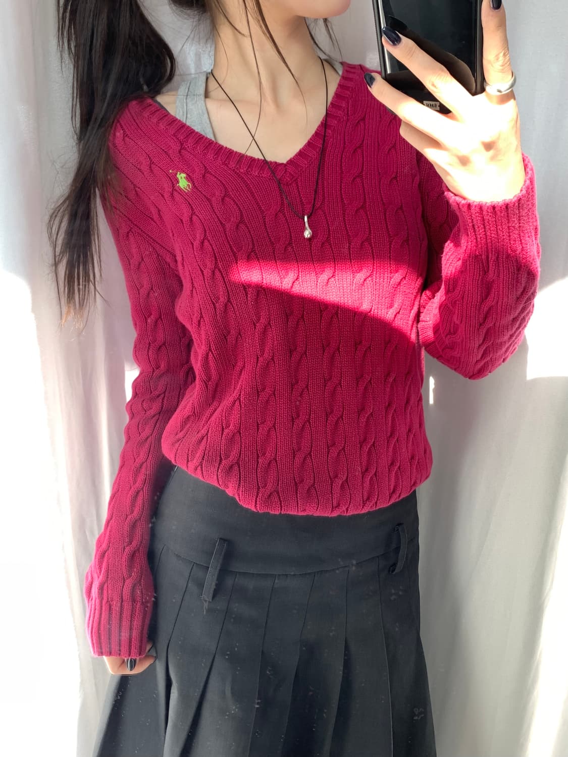 Polo 랄프로렌 코튼 마젠타핑크 케이블 브이넥 니트 상품이미지1