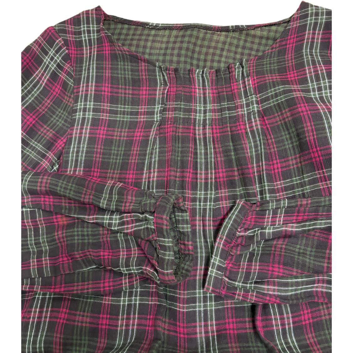 빈티지 하구미낭낭 그린티 체크 플리츠 롱 블라우스 상품이미지4