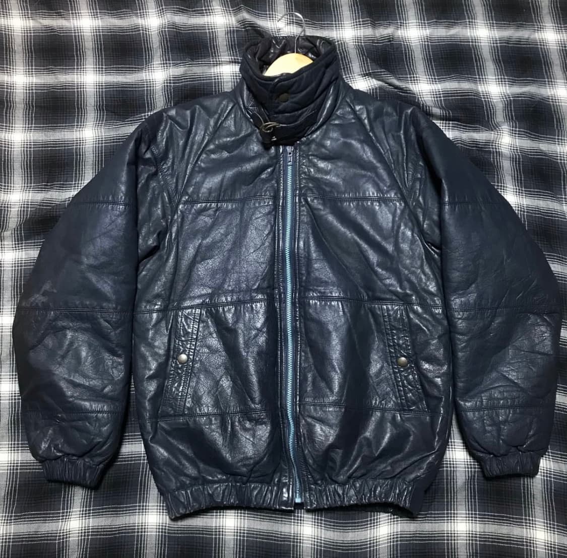 레어 - 재팬 빈티지 블루 블랙 리얼레더 소가죽 패딩 상품이미지1