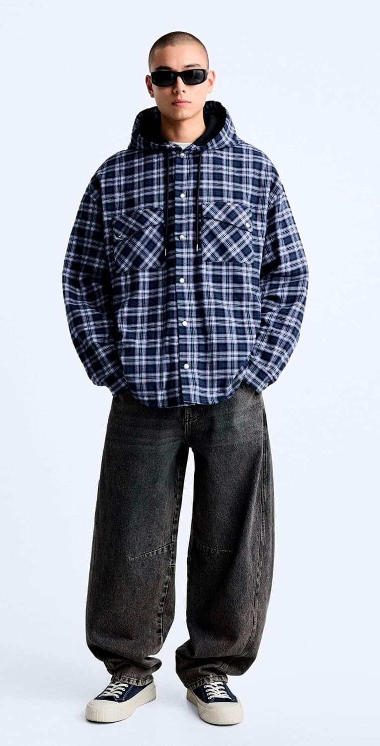 자라 후드 체크 오버 셔츠 M 상품이미지1