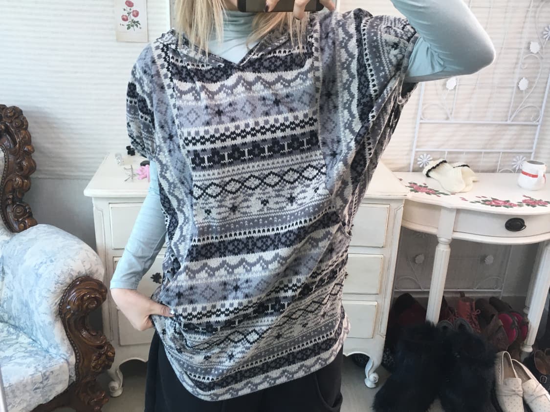 일본빈티지 블루그레이 보헤미안 포켓 후드티 상품이미지4