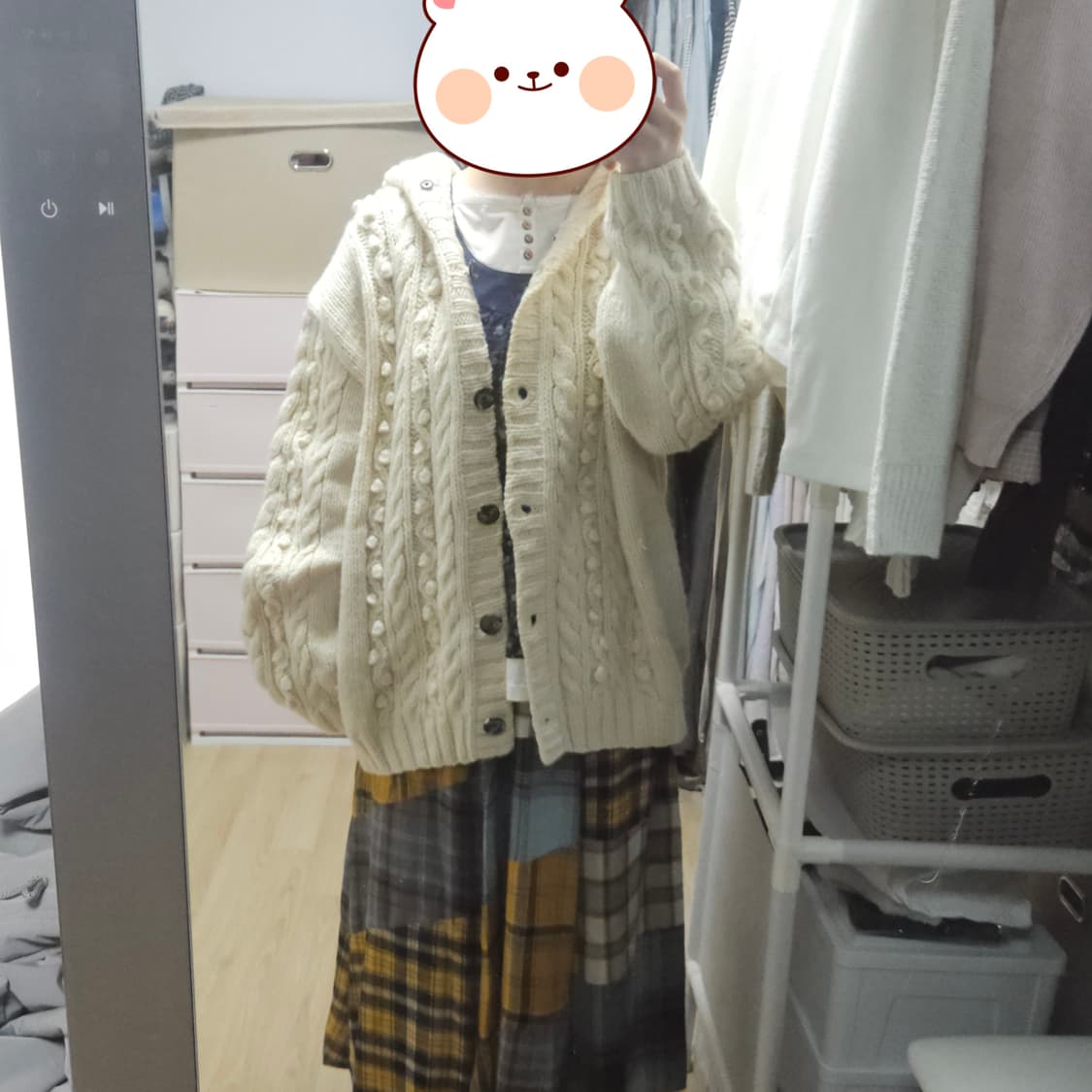 [착용샷] 빈티지 모리걸 코디세트 아이보리 후드 니트가디건 상품이미지2