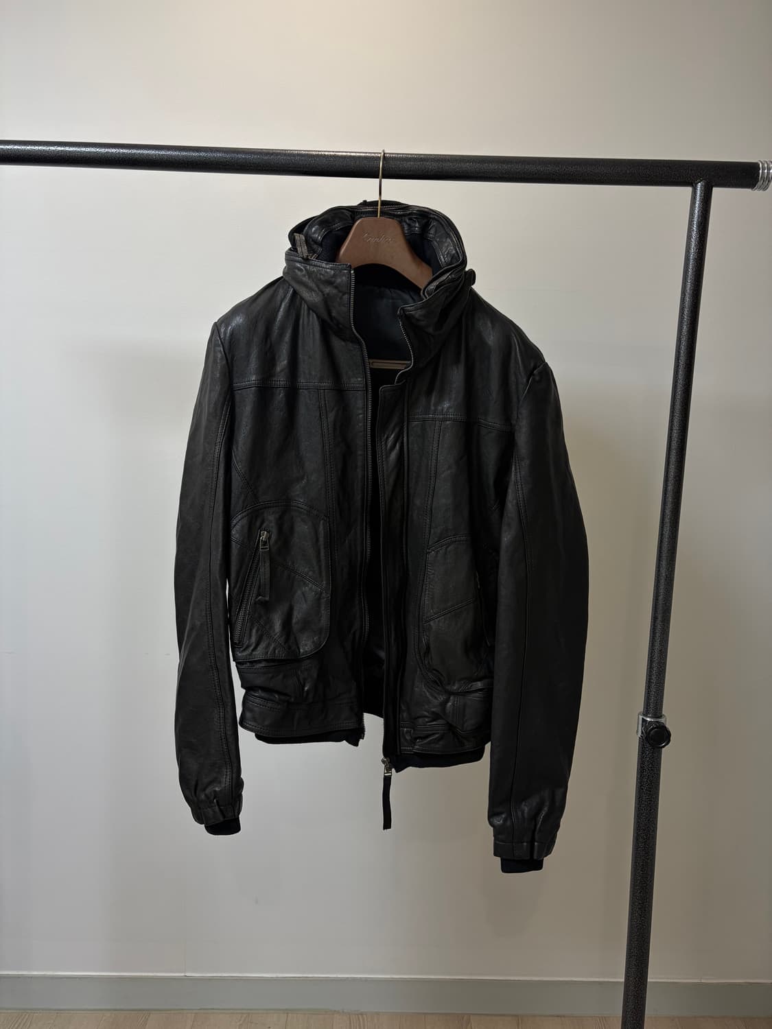 (L) 하이넥 히든 후드 락시크 이탈리아 레더 램스킨 양가죽 자켓 상품이미지1