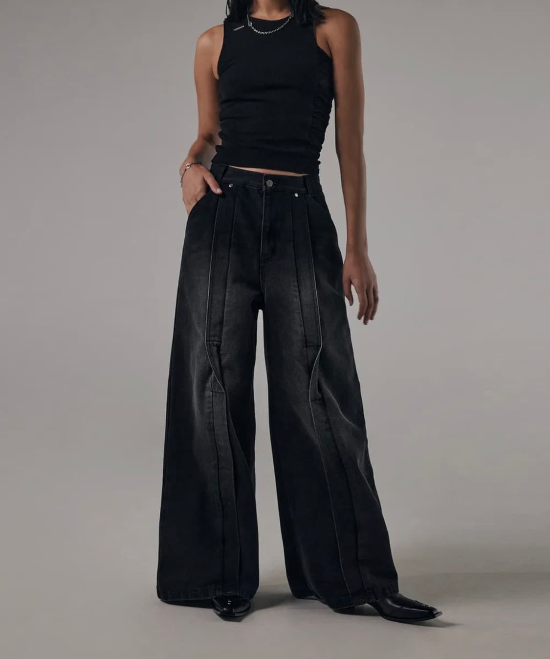 Twisted Wide Denim Set-up Pants (Black ) 상품이미지1
