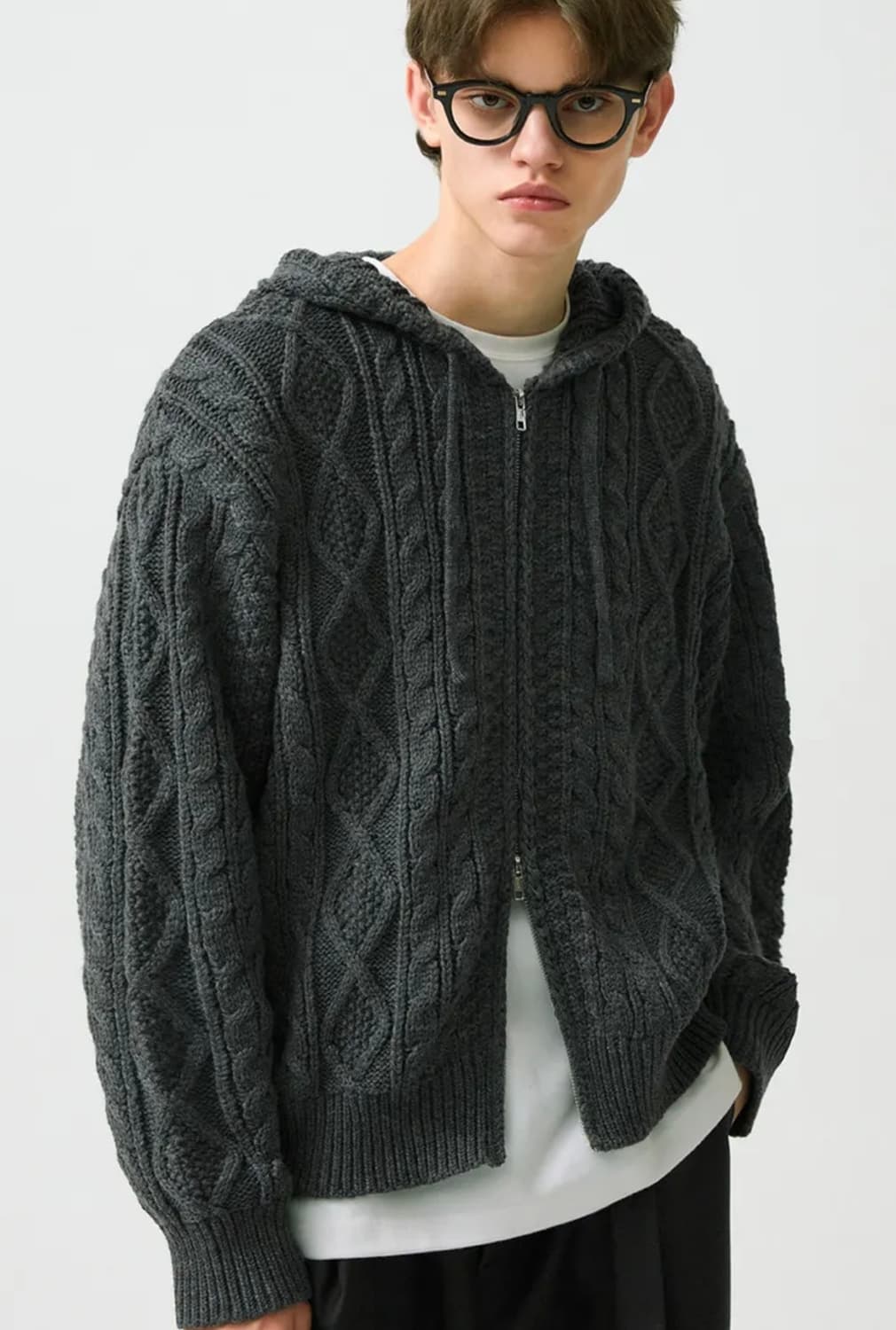 케이블 니트 후드 집업 상품이미지3
