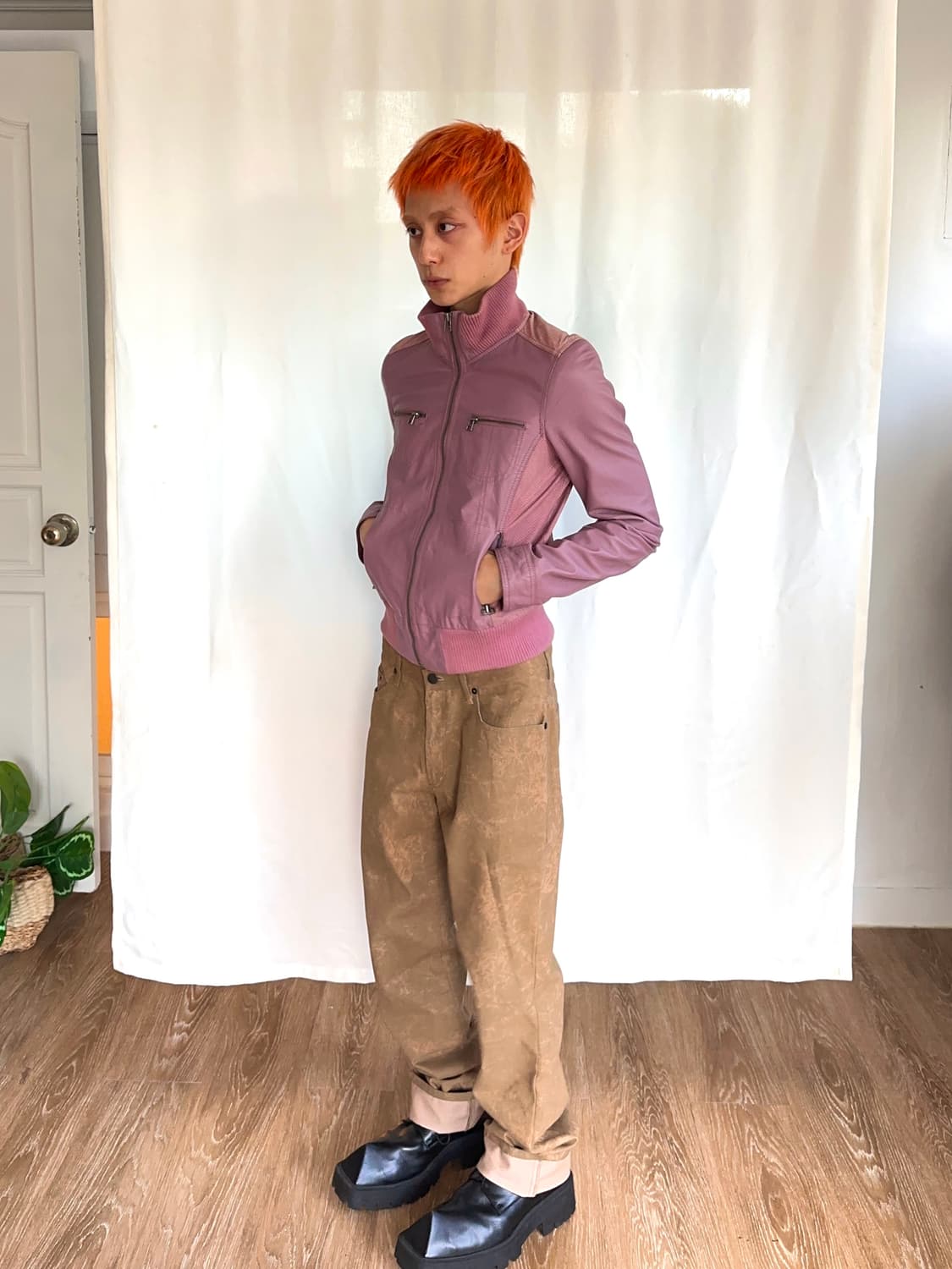 IRF 핑크 레더 모터사이클 자켓 상품이미지3