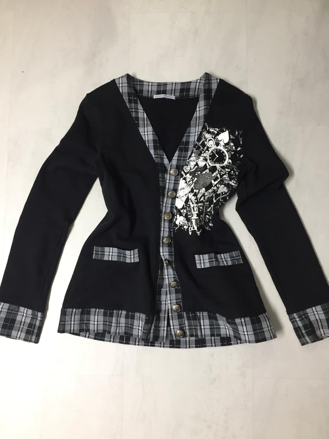 블랙 체크 배색 그래픽 단추 가디건 상품이미지1