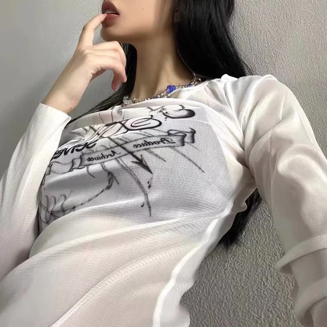 2000아카이브 더오픈프로덕트 메쉬 프린팅 슬리브 탑 상품이미지2