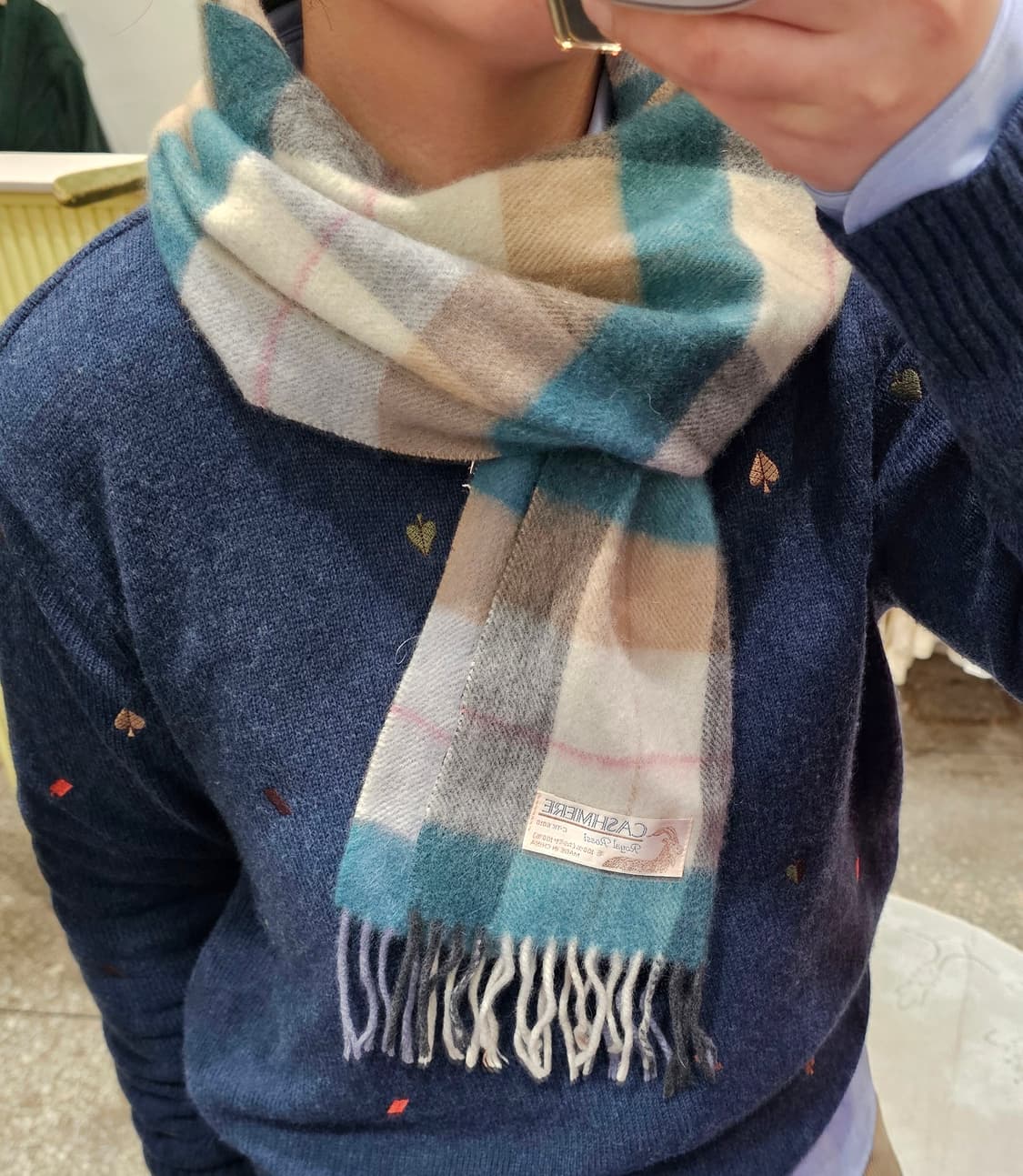 블루 베이지 체크 캐시미어 머플러 상품이미지1