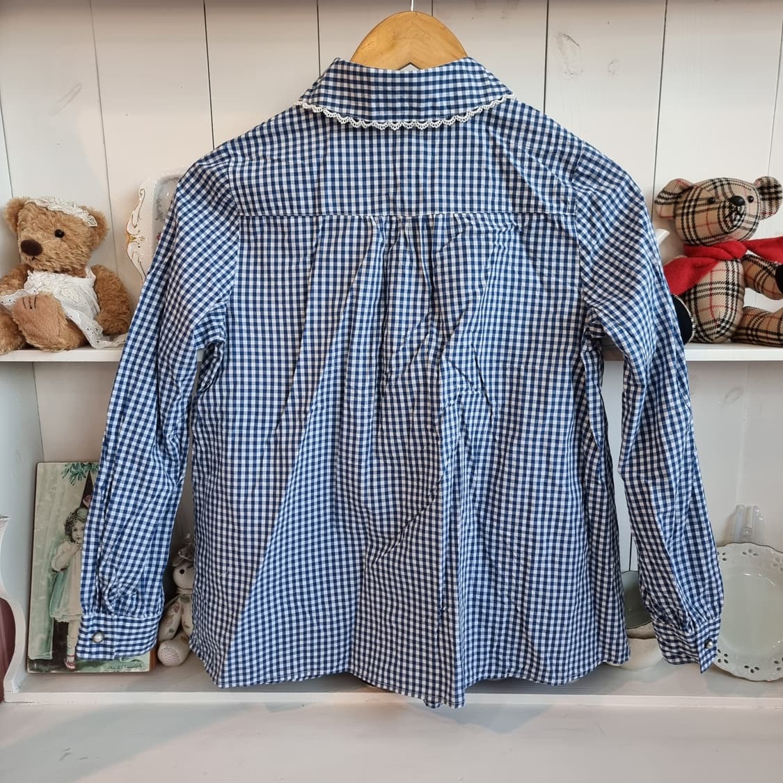 네이비 깅엄 체크 레이스 카라 블라우스 상품이미지6