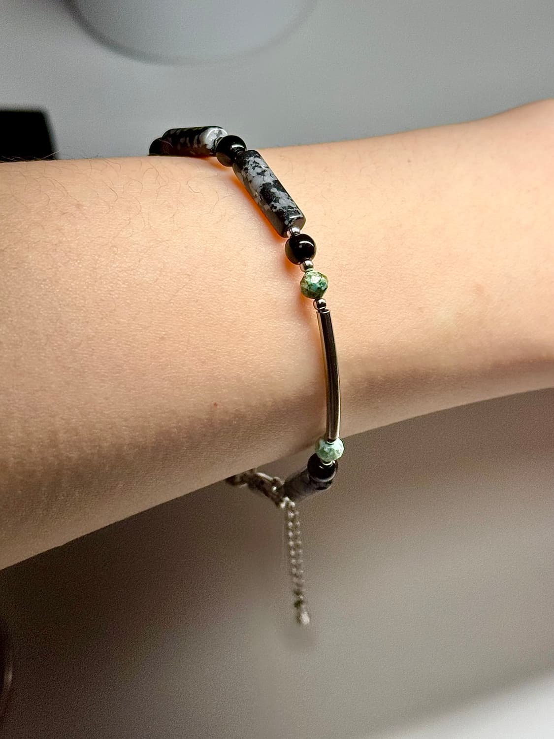 (핸드메이드) 천연석 오닉스 앤 터키석 유니크 체인 원석팔찌 상품이미지1