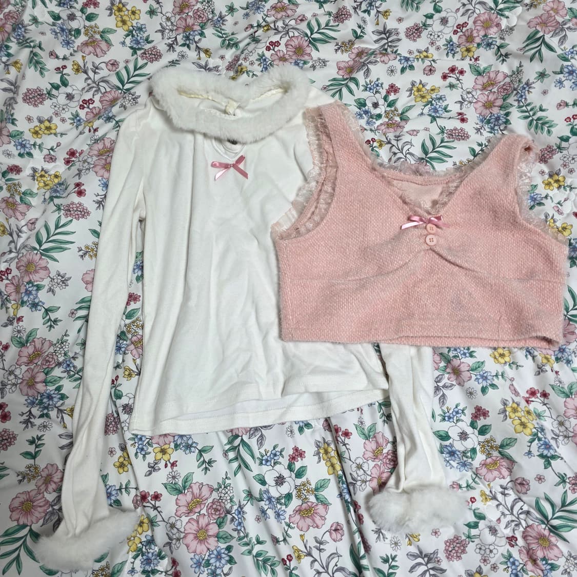빈티지) 히메갸루st 핑크로리타 레이스 리본조끼+하트 퍼 긴팔 세트 상품이미지3