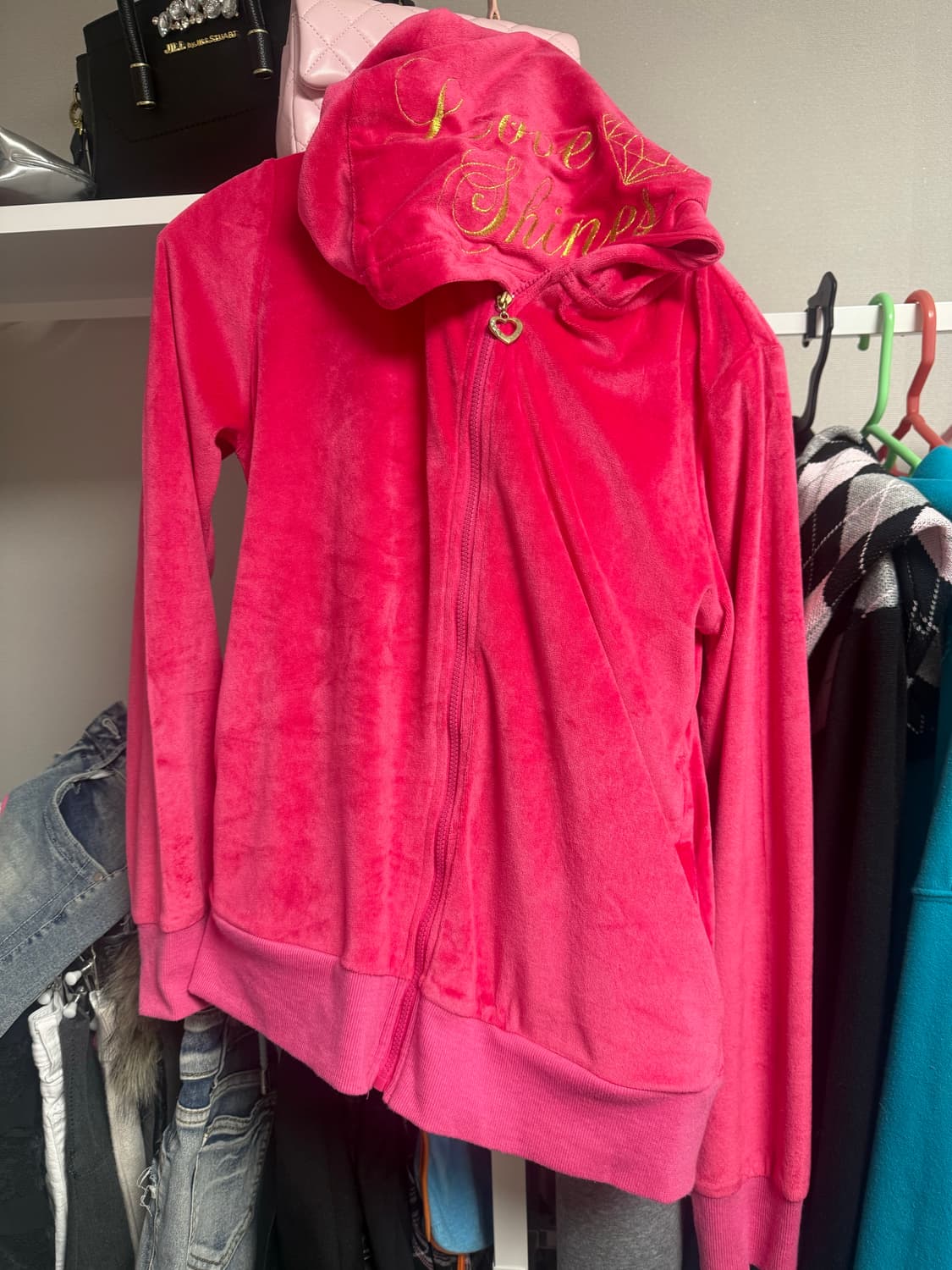 빈티지 핀터깔 갸루 형광핑크 벨벳 후드집업 트레이닝 세트 상품이미지2