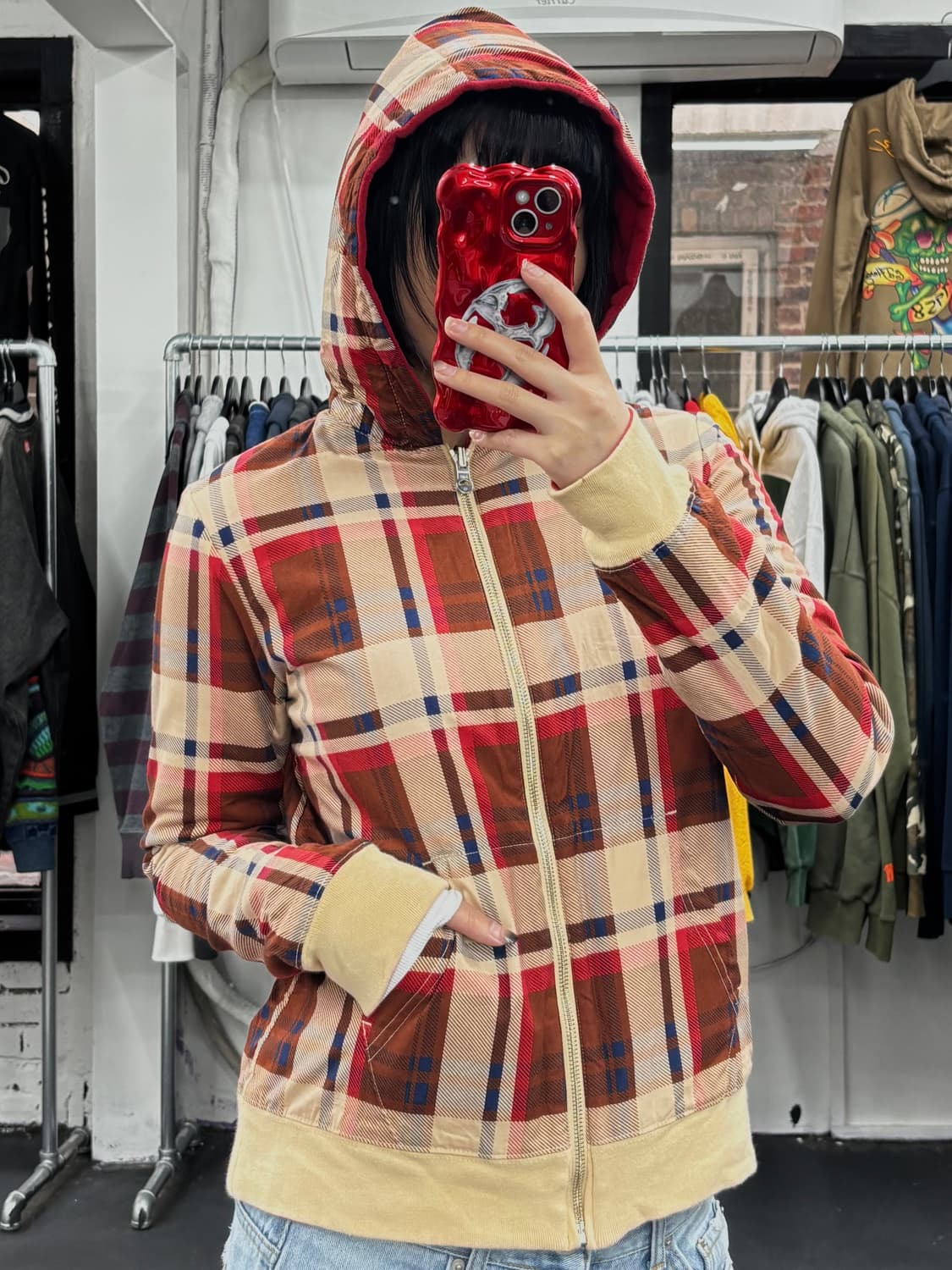베이프 레드&체크 리버시블 후드집업 상품이미지8
