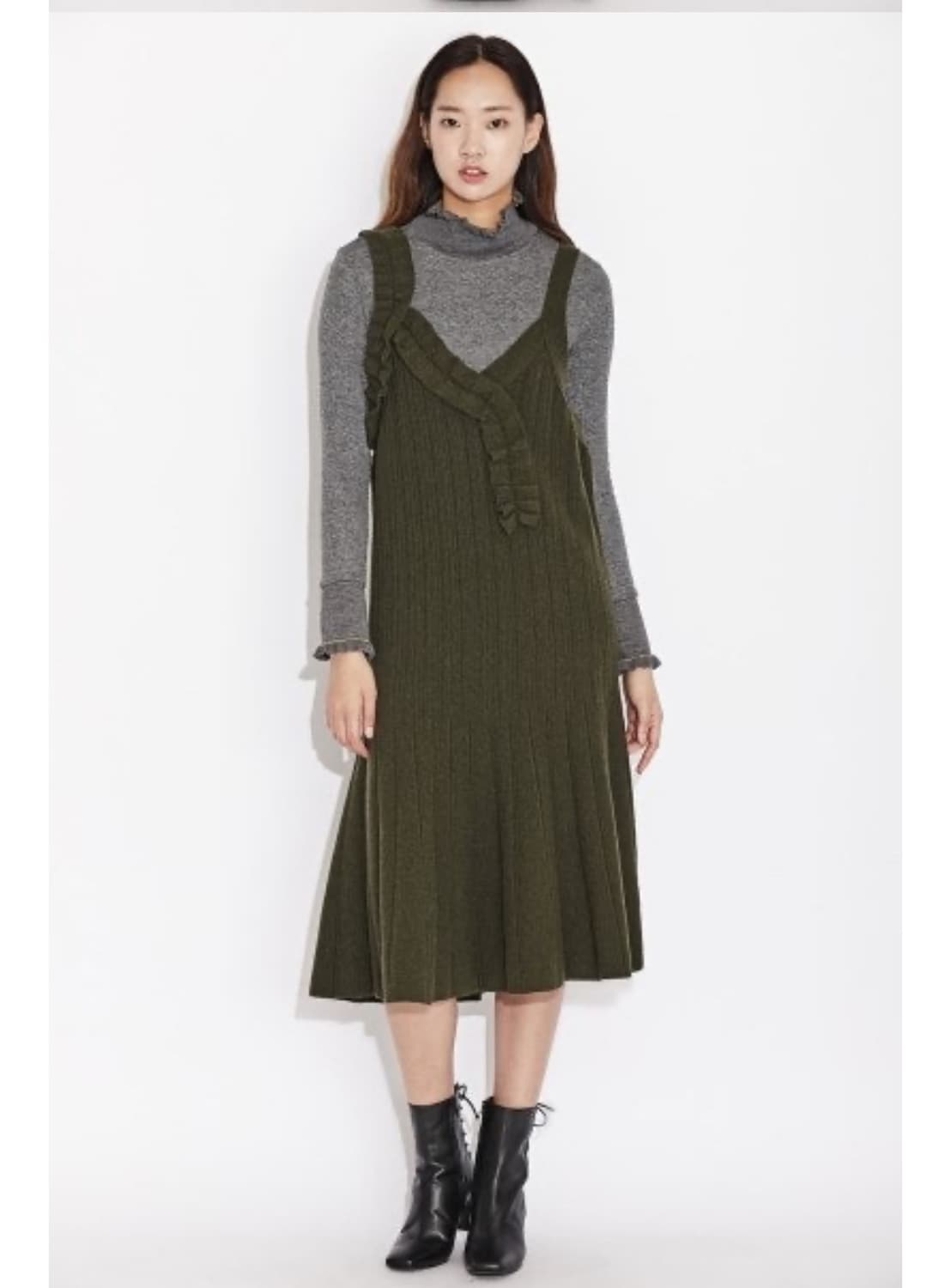 럭키슈에뜨 울 니트 프릴 롱원피스 F 카키 상품이미지1