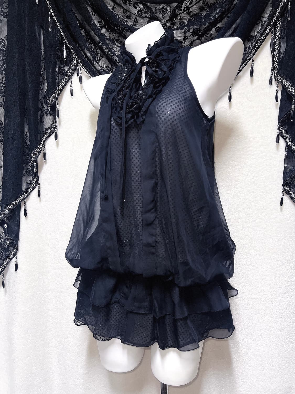 로맨틱고딕 고스로리 펑크 갸루 도트 프릴 쉬폰 캉캉원피스 공겜 핀터 히메 상품이미지5