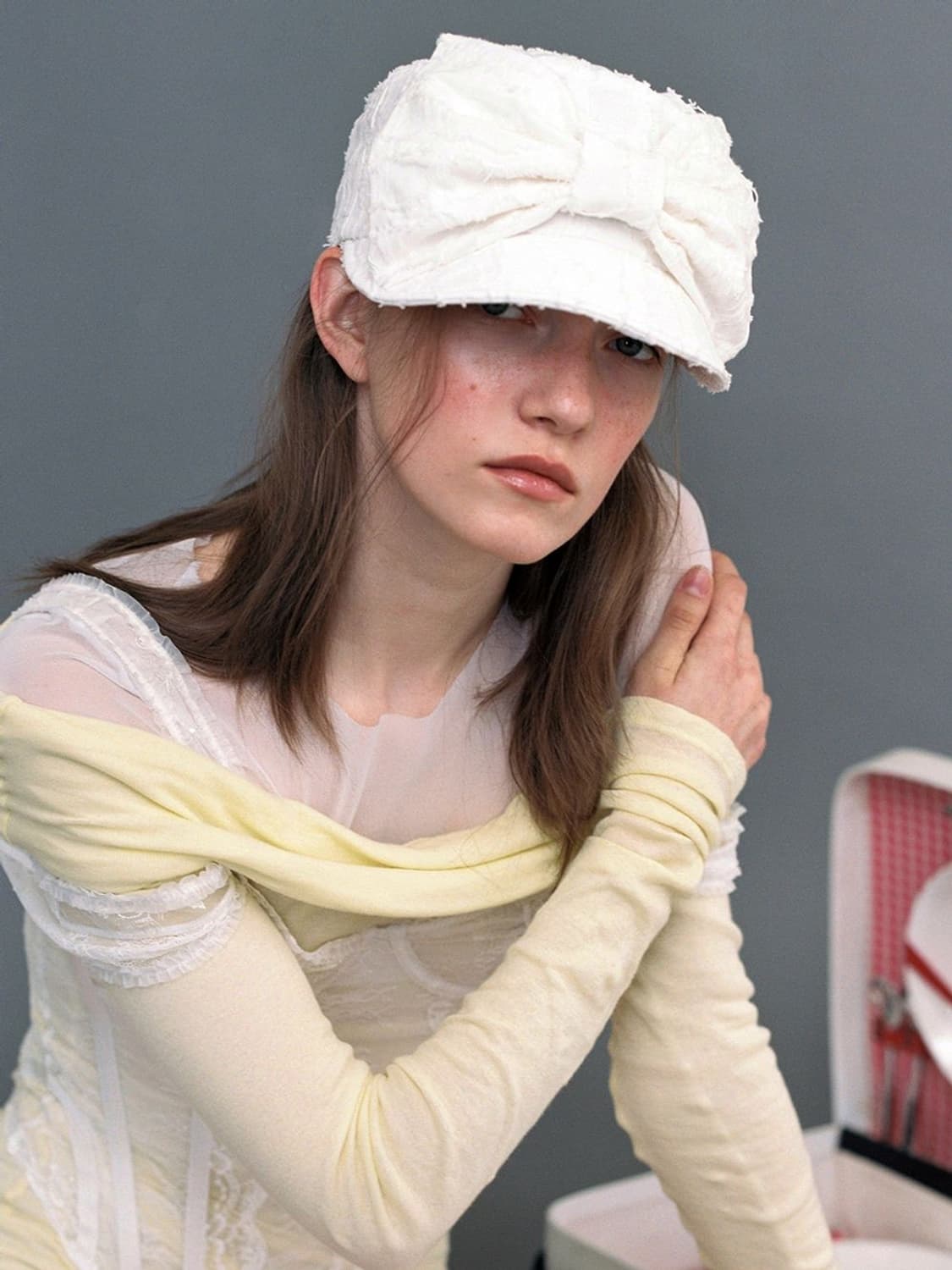 벨보이 캡_리본_웨이브 화이트 상품이미지1