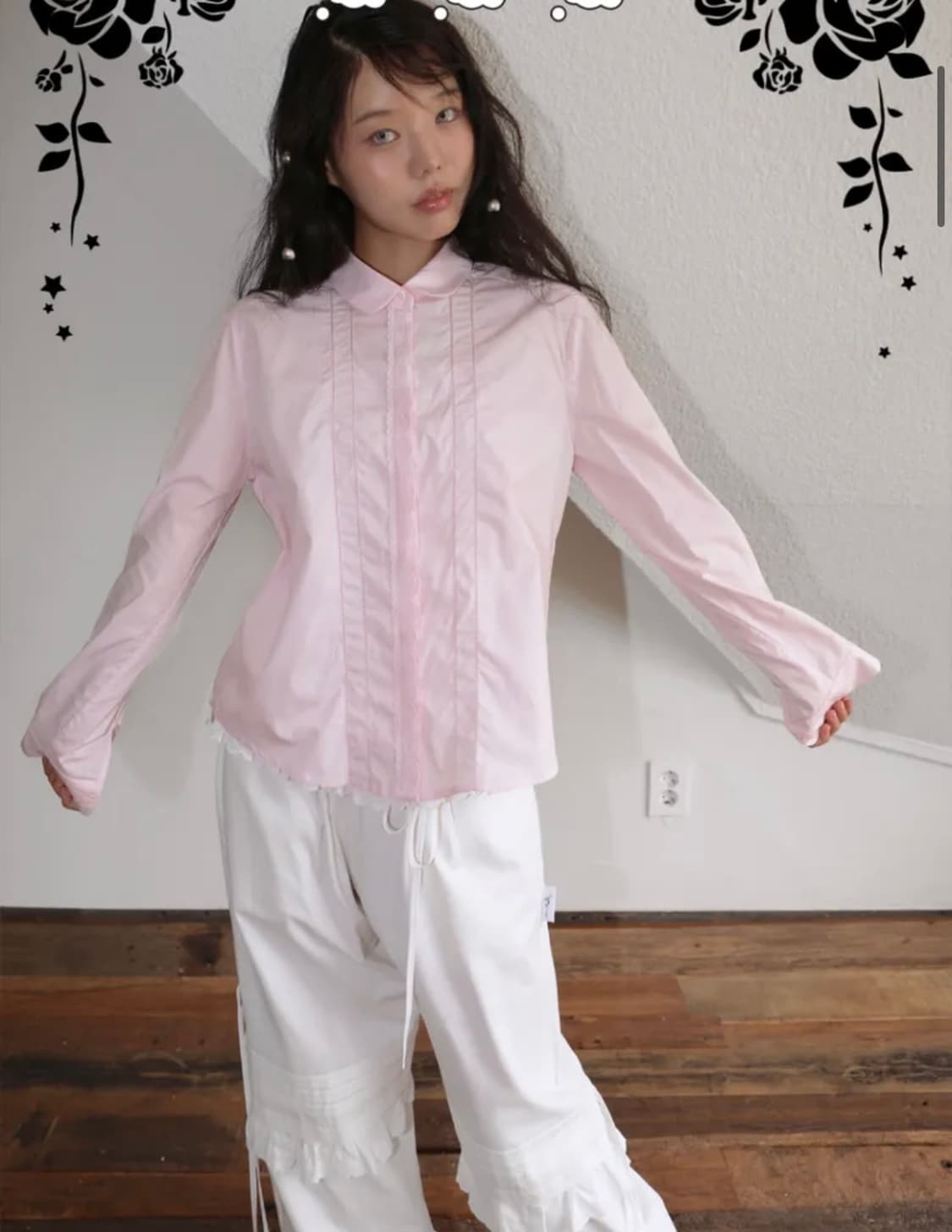 노피셜노피스 라운드 카라 레이스 셔츠 핑크  상품이미지1