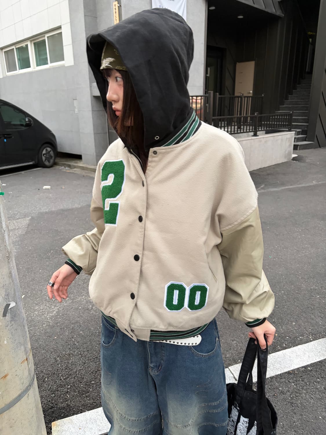 90s 올드스쿨 베이지 패치 레더 바시티 jk 상품이미지4