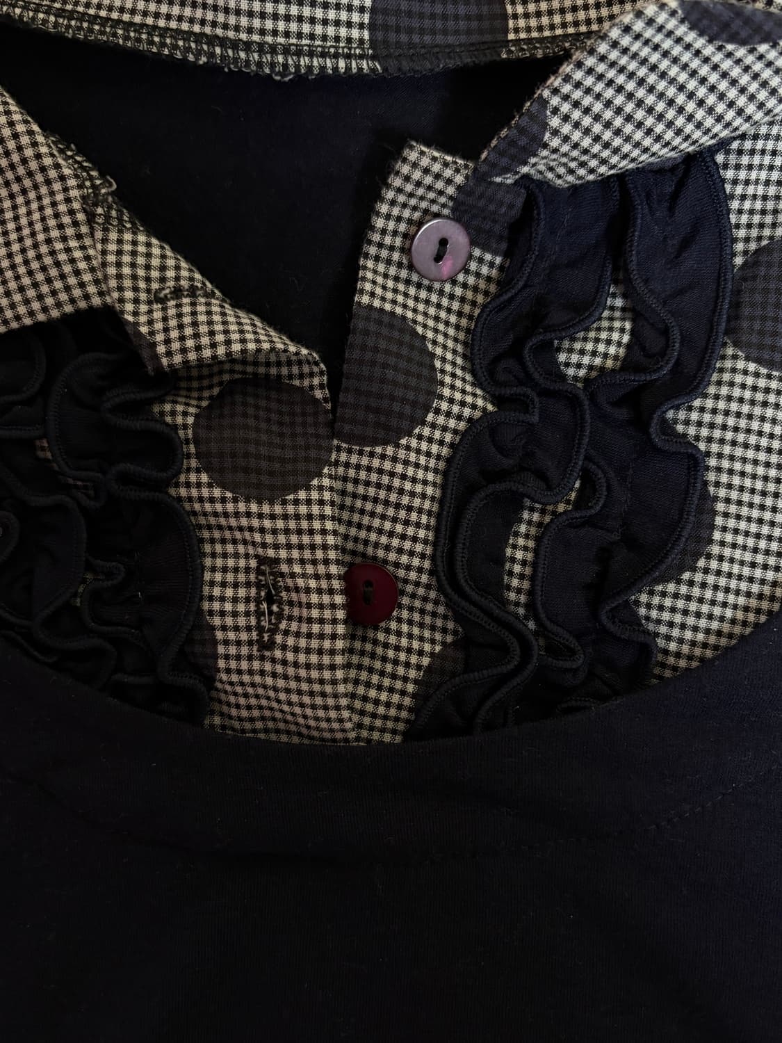큐트 일본 빈티지 블랙 체크 도트 프릴 긴팔티 상품이미지2