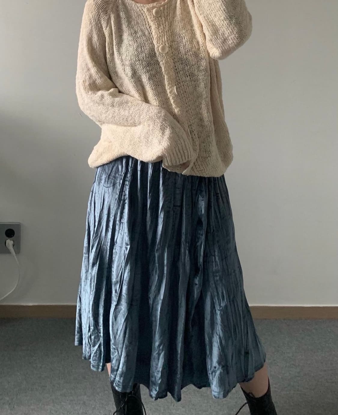 가화빈티지 블루 벨벳 주름 스커트 상품이미지1