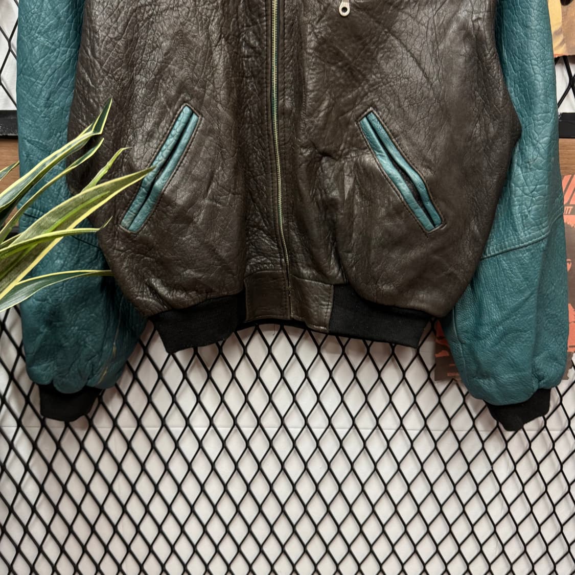 USA VINTAGE 빈티지 레더 플라이트 자켓 소매 청록 배색 브라운 상품이미지4